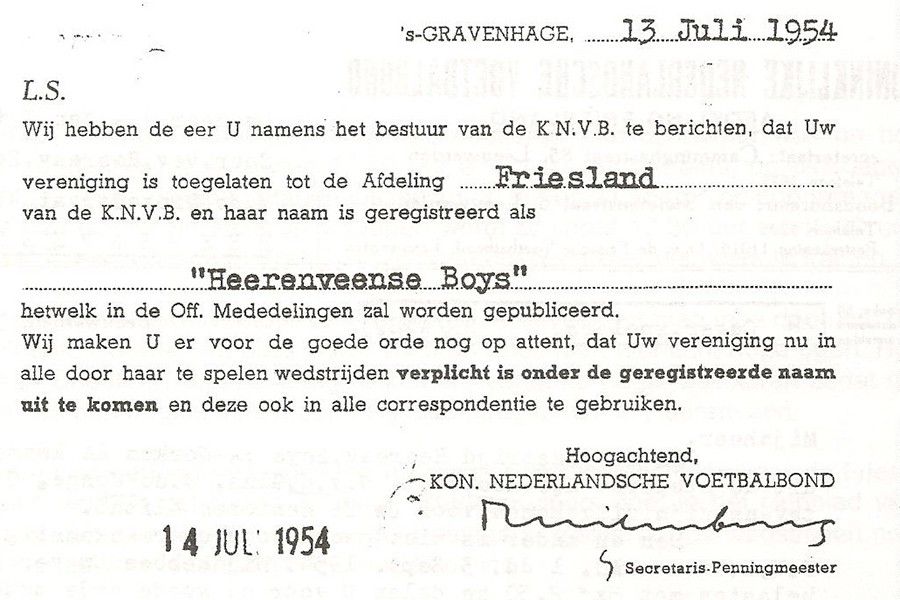 Toelatingsbewijs KNVB Heerenveense Boys (14-07-1954)